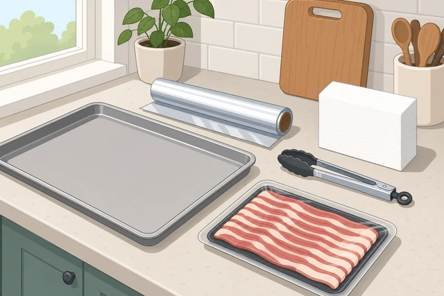 Illustration: rimmed sheet pan foil tongs paper towels and raw bacon package ready