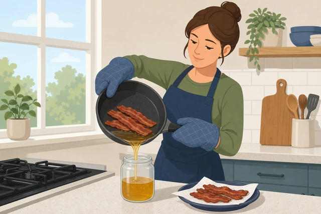 Illustration: carefully pouring excess bacon grease off a hot pan when safe