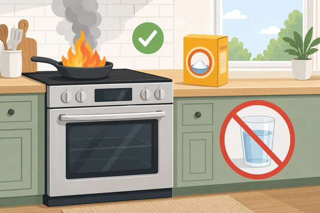 Illustration: grease fire response turn off oven keep door closed baking soda never water