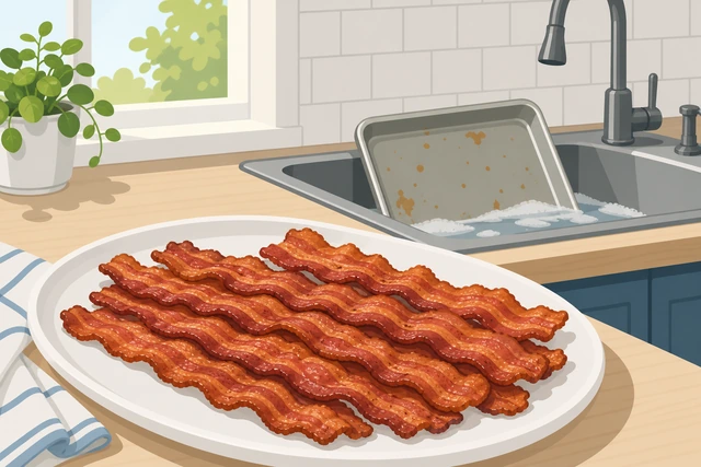Illustration: plated crispy oven bacon and sheet pan soaking in the sink