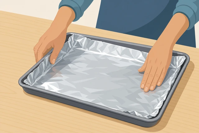 Illustration: lining a rimmed sheet pan with aluminum foil