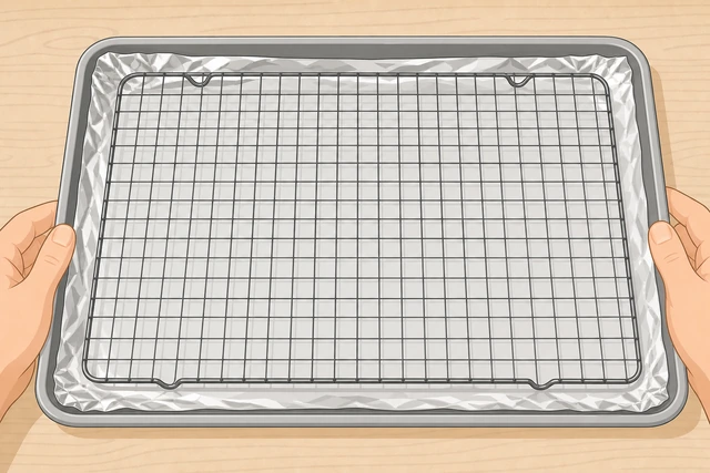 Illustration: wire rack placed on a foil-lined sheet pan for oven bacon
