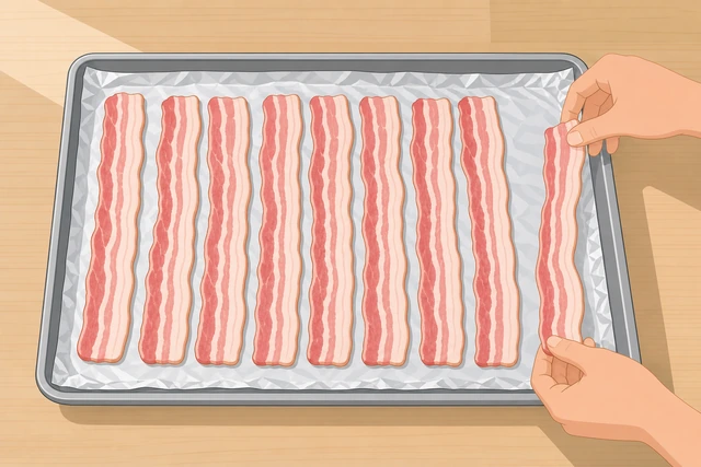 Illustration: raw bacon strips arranged in a single layer on a sheet pan