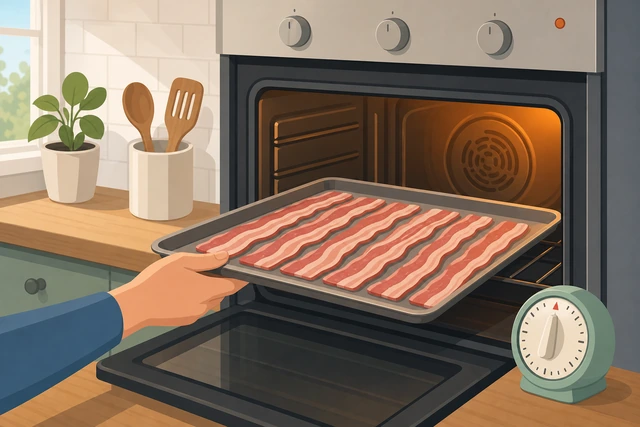 Illustration: sheet pan of bacon going into a hot oven with a timer