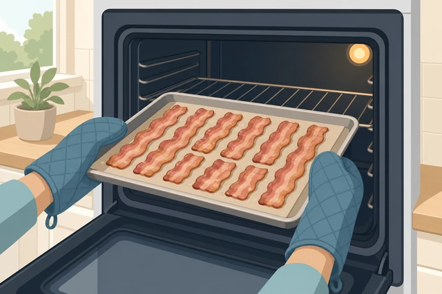 Illustration: checking oven bacon color and rotating the sheet pan