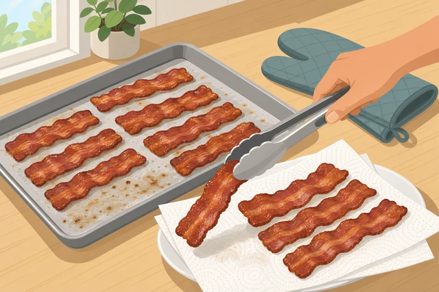 Illustration: tongs moving hot oven bacon onto paper towels to drain