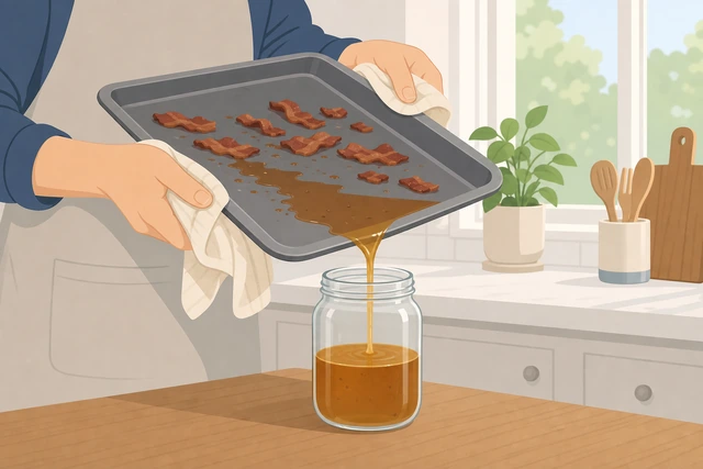 Illustration: pouring cooled bacon grease into a heat-safe jar not the sink