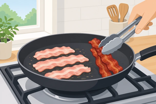 Illustration: removing done bacon strips while leaving pale ones to cook