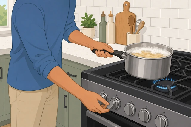 Illustration: a hand turning a stove dial down while shifting a foaming pasta pot off center on the burner