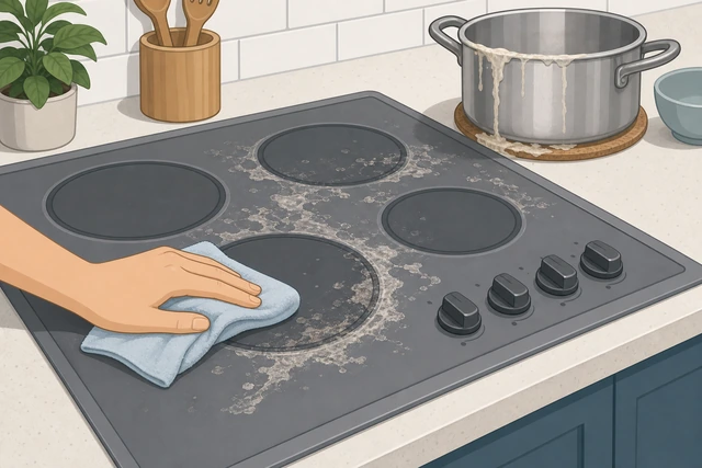 Illustration: a cooled stovetop being wiped after a pasta boil-over, burner off