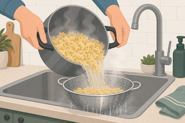 Illustration: overcooked pasta being poured into a colander to stop the cooking