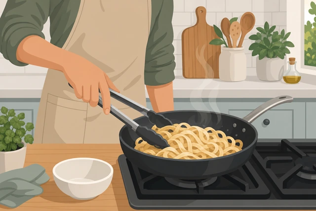Illustration: soft pasta tossing in a hot dry skillet to drive off surface moisture