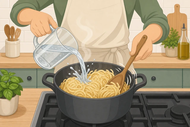 Illustration: hot water poured into a pot of clumped pasta while a spoon tosses vigorously