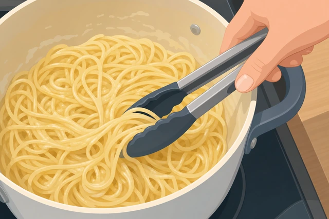 Illustration: tongs gently pulling apart sticky pasta clumps in a pot