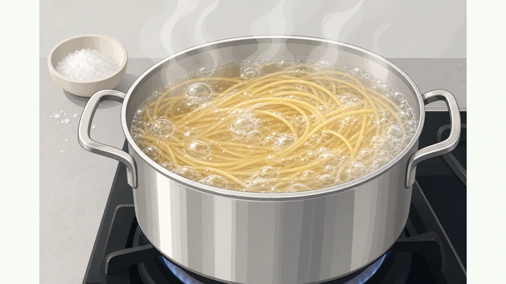 Illustration: dried spaghetti boiling in a large pot of salted water on a stovetop