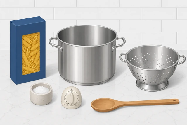 Illustration: checklist with dried pasta box, large pot, salt, colander, timer, and spoon on a kitchen counter