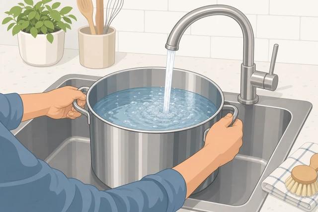 Illustration: hands filling a large deep pot with cold water from a kitchen faucet