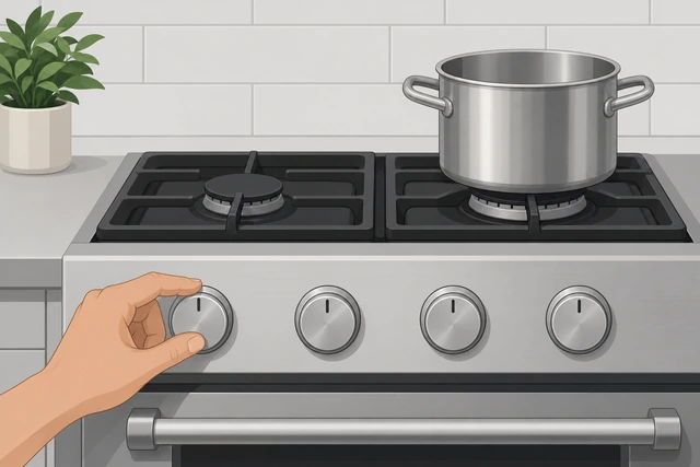 Illustration: a hand turning a stove knob to off next to an empty hot pot set on a cool burner