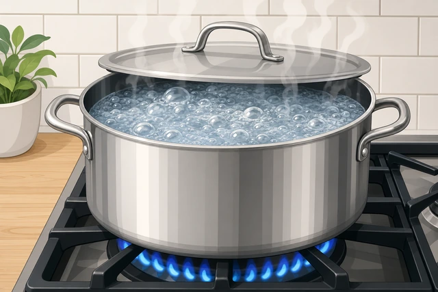 Illustration: a covered pot on high heat with large rolling bubbles visible under a slightly lifted lid
