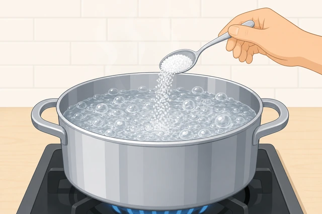 Illustration: a tablespoon of salt being poured into a large pot of boiling water