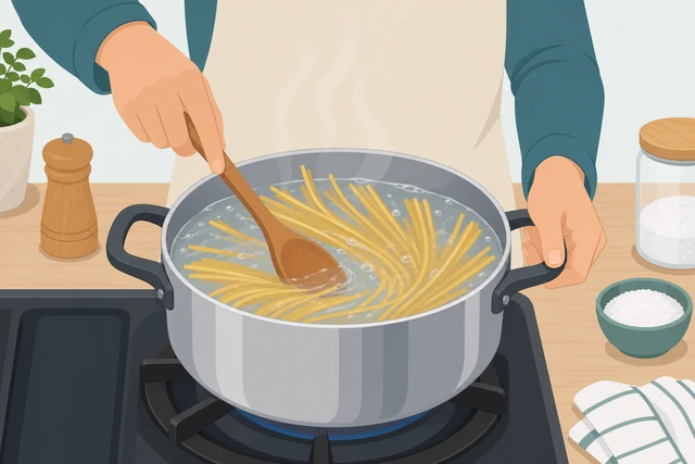 Illustration: long spaghetti going into boiling water while a spoon stirs to separate the strands