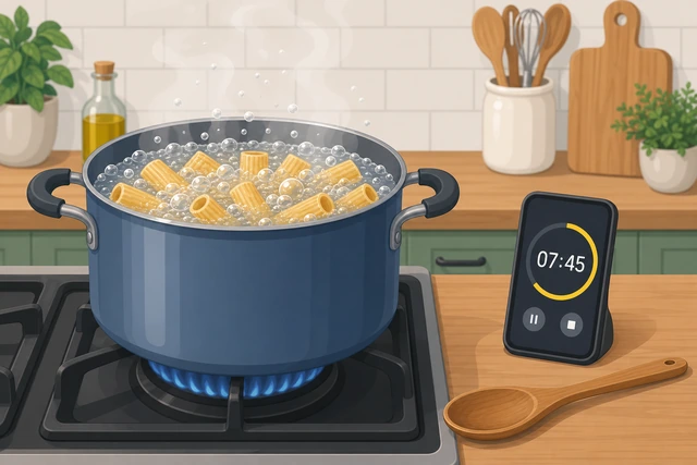 Illustration: pasta boiling freely in a pot with a kitchen timer set beside the stove