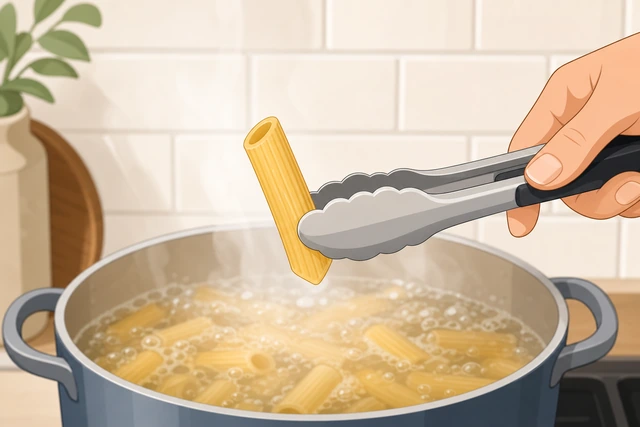 Illustration: tongs lifting one piece of pasta for a bite test next to the boiling pot