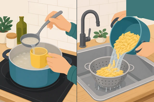 Illustration: a heat-safe cup scooping starchy pasta water, then pasta pouring into a colander in the sink