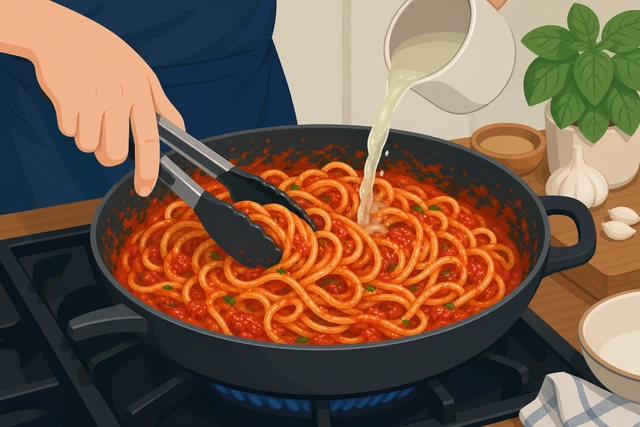 Illustration: pasta being tossed in a pan with sauce and a splash of reserved pasta water