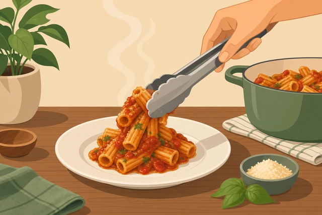 Illustration: tongs plating hot pasta onto dinner plates at the table