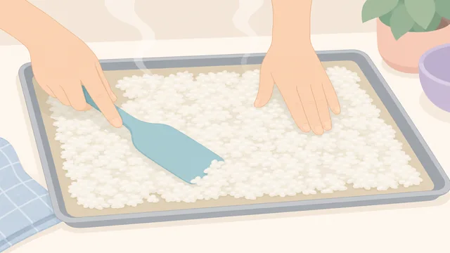 Mushy cooked rice spread in a thin layer on a tray with a fork