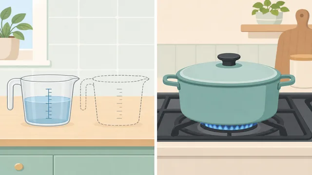 A measuring spoon removing water from a measured cup beside dry rice