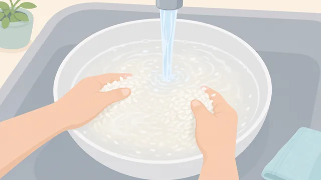 Hands rinsing rice in a fine-mesh strainer under cool water