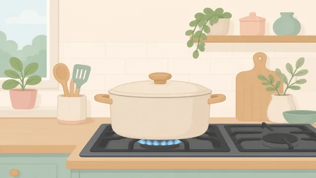 A hand placing a lid on a pot and turning the stove control to low