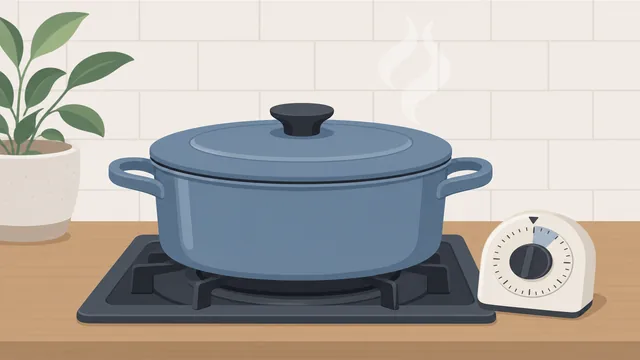 A covered pot of rice resting on a switched-off stove with a 10-minute timer