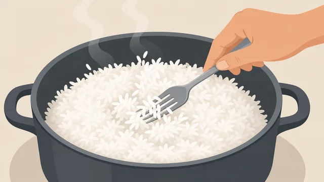 A fork gently fluffing cooked white rice in a pot
