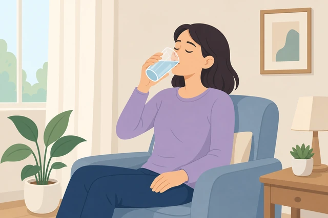 Illustration: sipping water while seated after dizziness
