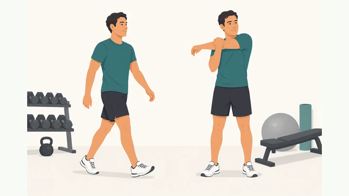 Illustration: person walking easily then stretching lightly after a workout