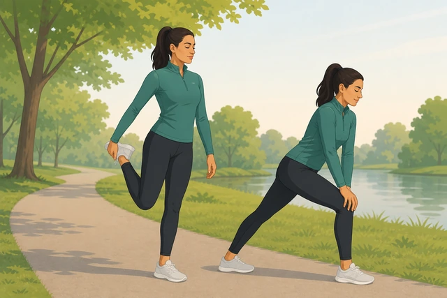 Illustration: two quick stretch holds after short cool-down walk
