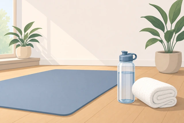 Illustration: water bottle and towel ready beside workout space for cool-down