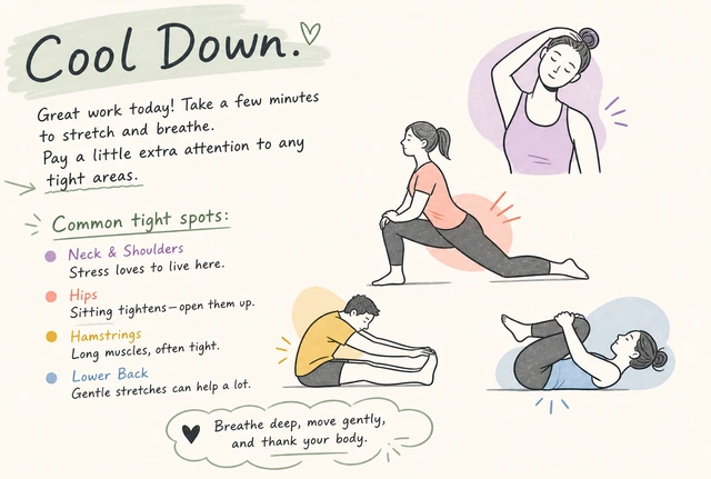 Illustration: short workout cool-down note about tight areas