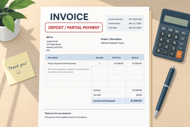 Illustration: invoice labeled deposit or partial payment clearly