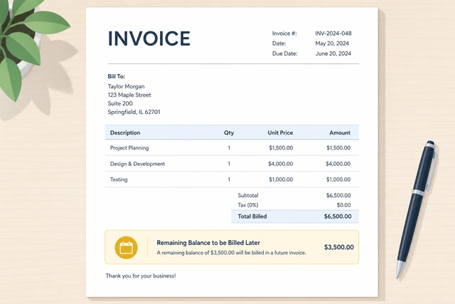Illustration: invoice note showing remaining balance to be billed later