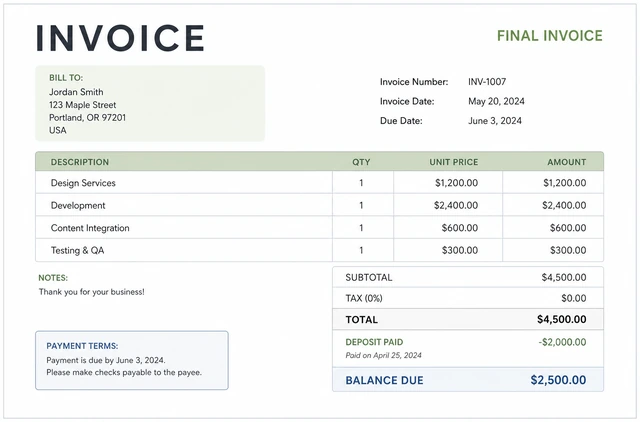 Illustration: final invoice crediting deposit already paid