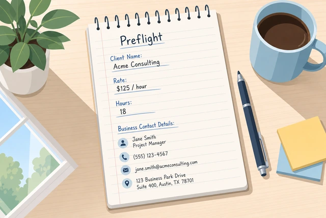 Illustration: notes with client name rate hours and business contact details for an invoice