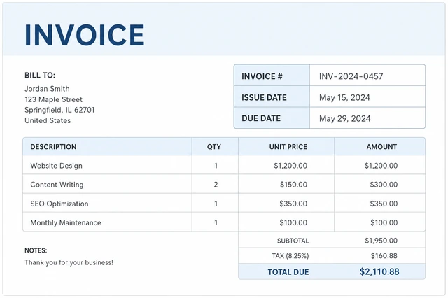 Illustration: invoice number issue date and due date fields filled