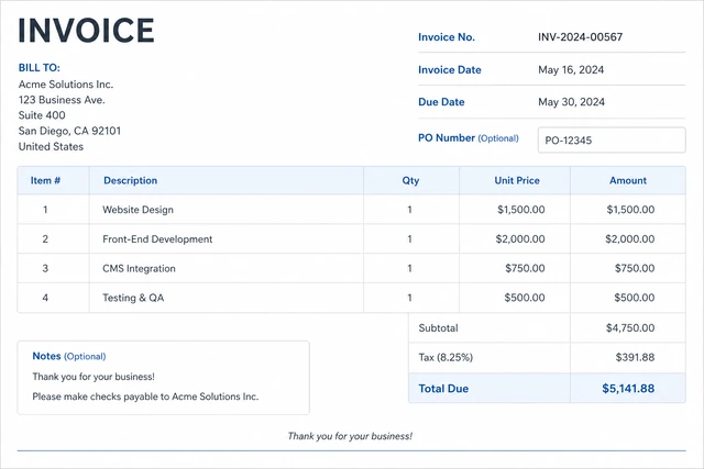 Illustration: optional notes and PO number field on an invoice