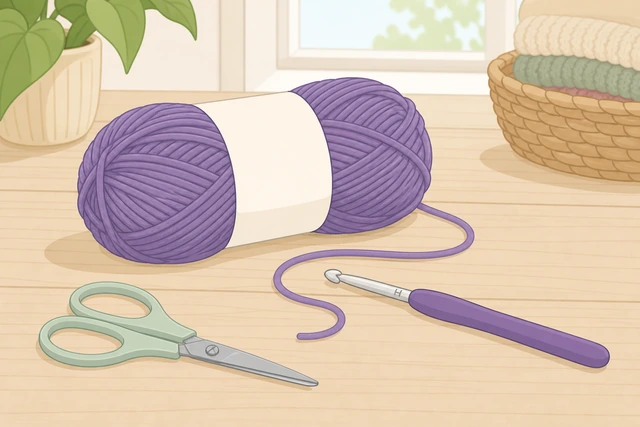 Illustration: worsted yarn skein crochet hook size H and scissors on a table