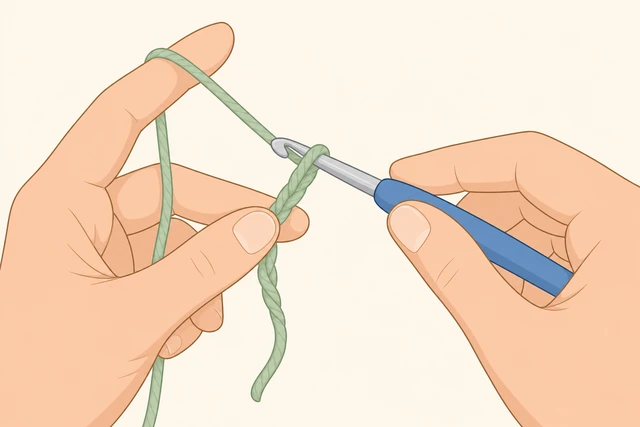 Illustration: pulling yarn over through the loop on the crochet hook to make first chain