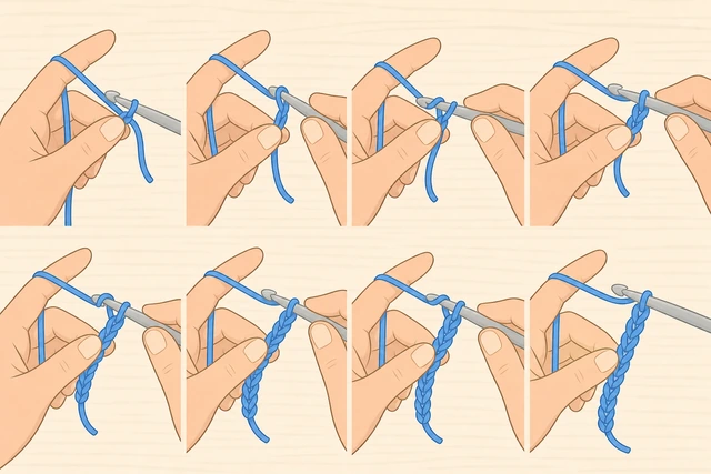 Illustration: repeating yarn over and pull through to grow a crochet chain